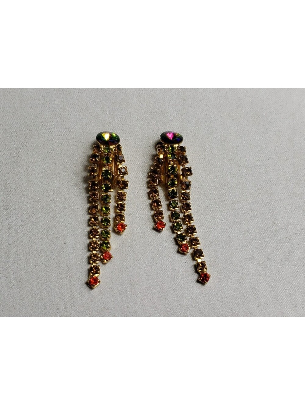 Clip Earrings Watermelon Rivoli Stud with 3 Strands of Round Rhinestone Dangles